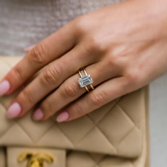 3.5 Carat Emerald Cut White Moissanite Double Claw Prong Engagement Ring